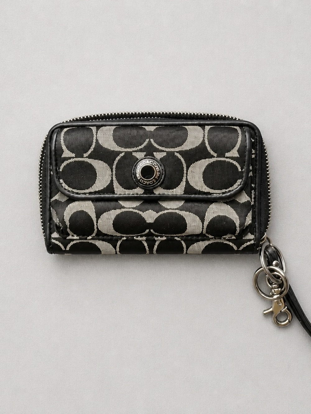 Coach Black and Silver Signature Jacquard Wristlet with Key Ring
